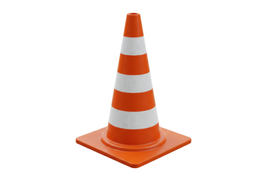 Orange traffic cone isolated, safety equipment for road construction and hazard warning on transparent background