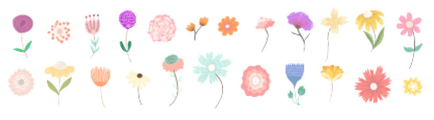 Cute hand drawn colorful vector dots halftone texture flowers and blossoms, noisy textured plants with dotwork pattern for retro botanical design, floral silhouette sticker