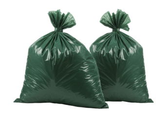 Two green garbage bags PNG isolated on transparent background, full trash bags for waste management and environmental cleanup