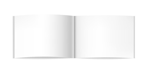 Vector realistic two-pages open book, journal or magazine mockup. Blank opened center page spread of sketchbook or notebook 3d template for catalog, brochure design, clear white mock up