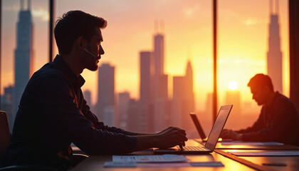 Silhouetted man types on laptop at desk in modern office with city skyline sunset view. Another man works on computer in bright orange backlight. Businessmen focus on tasks.