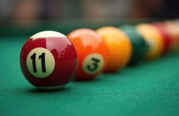 Colourful billiard balls on green table. Balls are numbered and shiny. Cue is not visible but implied. Indoor recreational sport for fun and challenge.