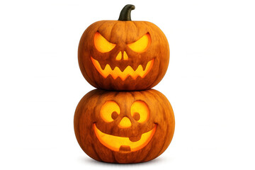 Stacked halloween jack-o-lanterns with spooky and happy carved faces glowing, representing celebration and fun
