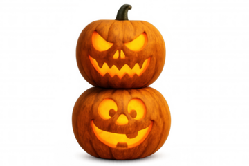 Stacked halloween jack-o-lanterns with spooky and happy carved faces glowing, representing celebration and fun