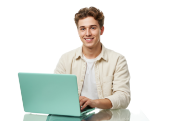 Smiling young man using a laptop PNG isolated on transparent background, student working online for business or education