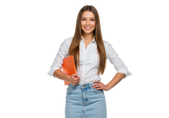Smiling young woman in denim skirt holding orange folder isolated PNG, confident student or businesswoman on transparent background