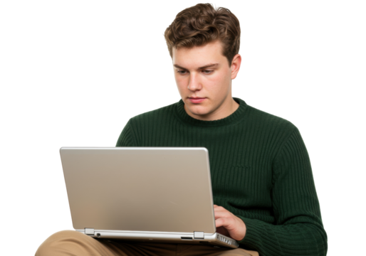 Young man using laptop isolated on transparent PNG, student in green sweater working on computer for education and technology concepts - Powered by Adobe