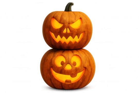 Stacked halloween jack-o-lanterns with spooky and happy carved faces glowing, representing celebration and fun