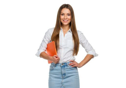 Smiling young woman in denim skirt holding orange folder isolated PNG, confident student or businesswoman on transparent background