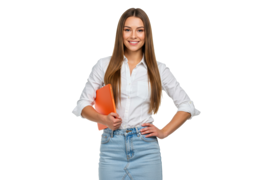 Smiling young woman in denim skirt holding orange folder isolated PNG, confident student or businesswoman on transparent background