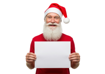 Smiling Santa Claus holding blank sign isolated PNG, cheerful bearded man in red hat with empty paper for Christmas message on transparent background