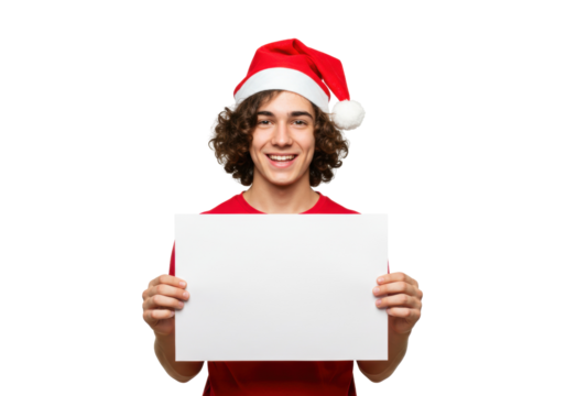 Smiling young man in Santa hat holding blank sign isolated PNG, Christmas holiday celebration and advertising template on transparent background