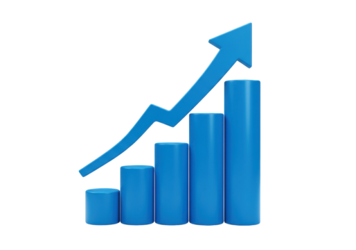 Blue bar graph with arrow pointing up isolated PNG, business growth chart on transparent background for financial report and presentation
