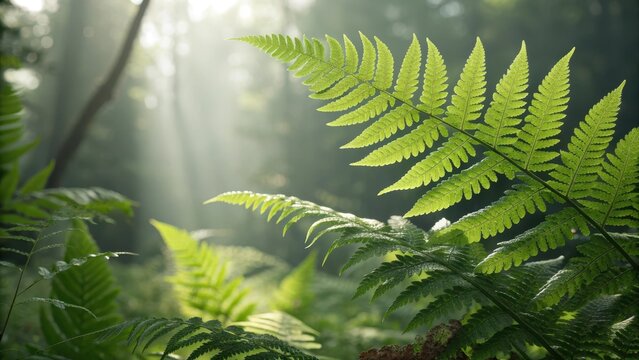 Close up of vibrant green fern leaves in bright sunlight