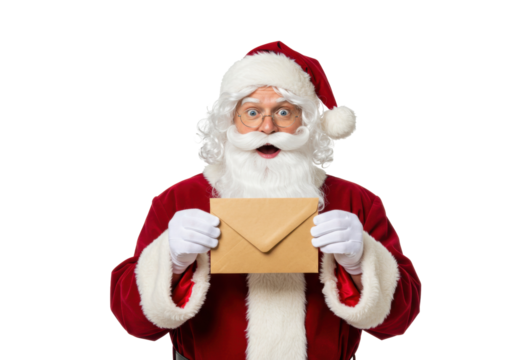 Surprised Santa Claus holding an envelope isolated PNG, festive holiday figure with letter on transparent background for Christmas designs