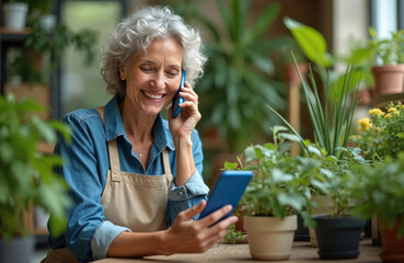 Mature woman talks on phone in greenhouse. She smiles while holding smartphone and mobile phone near plants. Happy female entrepreneur takes an order in her small business.