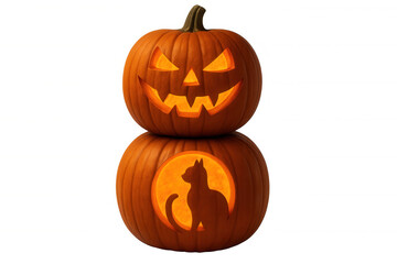 Fototapeta premium Stacked jack-o'-lanterns illuminated by glowing light, one carved with a spooky face, one with a black cat silhouette