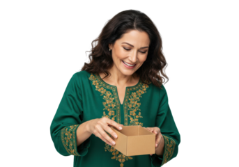 Smiling woman in green embroidered tunic opening a cardboard box isolated PNG, surprise gift concept for e-commerce and online shopping