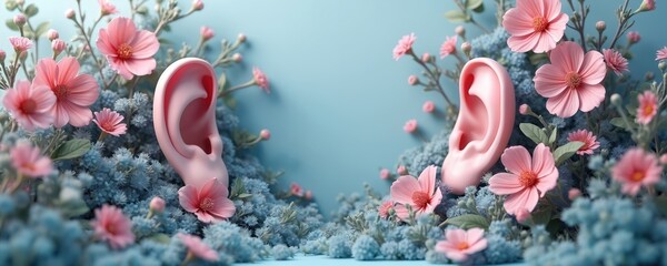 Artistic illustration features two ears framed by pink flowers, blue foliage. This artwork visualizes concepts related to hearing health beauty, well-being. Ideal for healthcare design, advertising.
