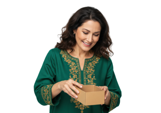Smiling woman in green embroidered tunic opening a cardboard box isolated PNG, surprise gift concept for e-commerce and online shopping - Powered by Adobe