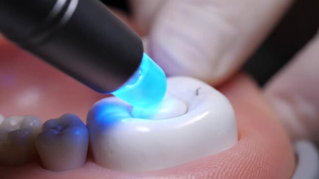 Dental curing light shining on a tooth restoration