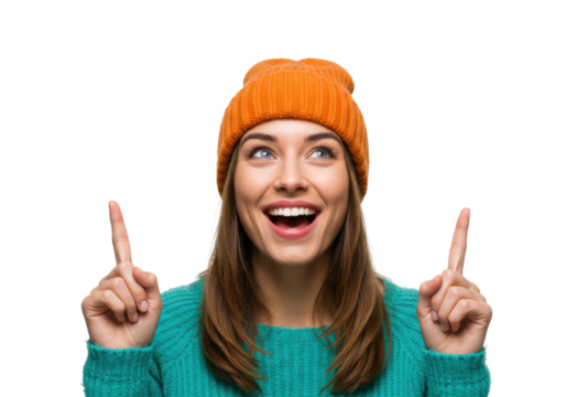 Excited young woman in orange beanie and turquoise sweater pointing upwards isolated PNG, cheerful model for advertising and marketing use