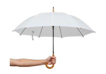 White umbrella PNG isolated on transparent background, held by a hand for weather protection and fashion accessory