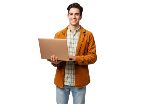Smiling young man holding laptop isolated PNG on transparent background, student in casual clothes using computer for work or study