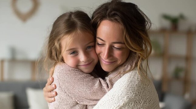 Footage of happy mother embracing her child in cozy indoor environment, highlighting affection, togetherness, maternal bond, ideal for lifestyle, parenting visual content, family oriented campaigns