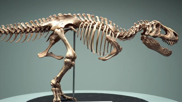 Dinosaur skeleton display, standing still in museum setting with muted background, good for educational purposes