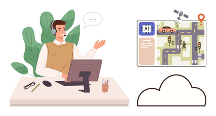 Customer support agent gestures while using a computer and headset near an AI-controlled traffic map. Ideal for technology, AI, customer service, transportation, urban planning, automation