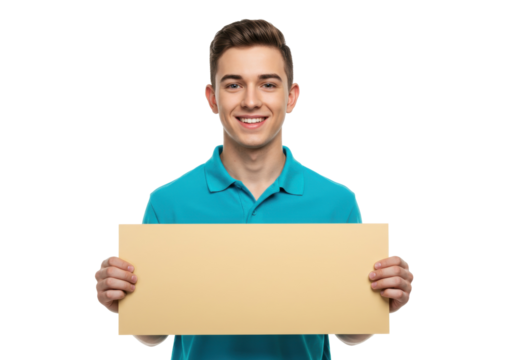Smiling young man in blue polo shirt holding a blank tan sign isolated PNG, cheerful male model with a sign for advertising and marketing