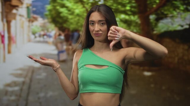 Young hispanic woman showing thumbs down with open palm and exposed midriff on a sunny street lined with trees and shops; judgment disapproval.