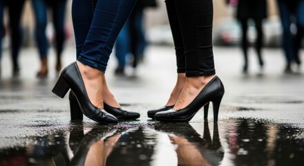 Two women in heels facing each other on rainy street