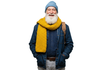 Smiling senior man with beard and blue beanie isolated PNG, happy mature male with yellow scarf and backpack on transparent background