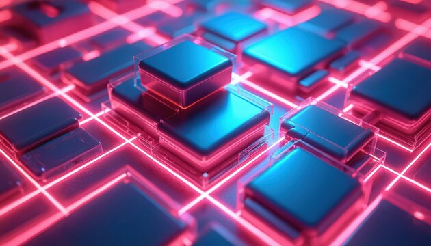 Abstract digital grid with glowing neon lines and geometric shapes. Futuristic circuit board or network system with blue and pink light. Cool tech background.