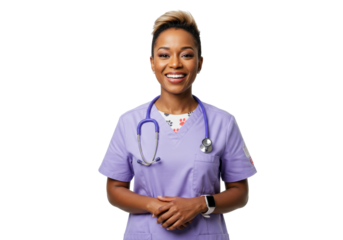 Smiling African American nurse in purple scrubs isolated PNG, healthcare professional on transparent background