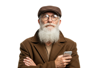 Senior man with beard and glasses using smartphone isolated PNG, mature male in brown coat with mobile phone on transparent background