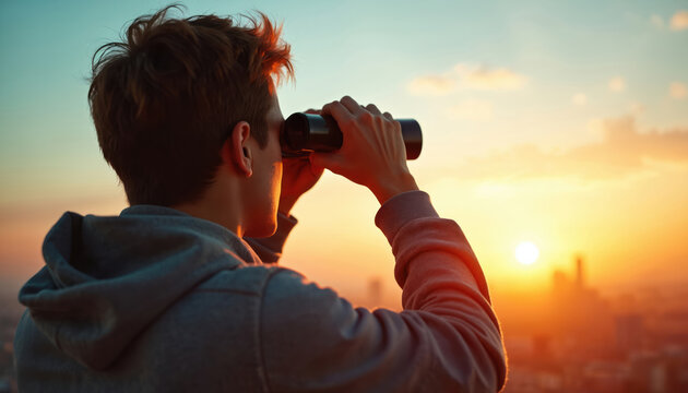 Man looking through binoculars at sunrise over city. Young person observes distant view from rooftop. Male gazes into bright horizon, anticipates future. Hands holding optics device, focuses on - Powered by Adobe