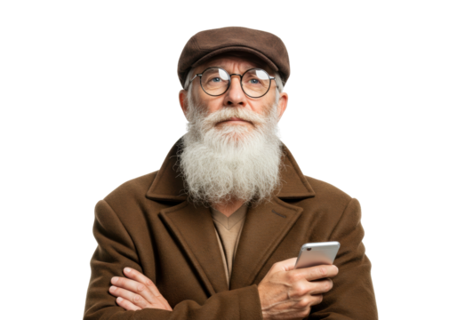 Senior man with beard and glasses using smartphone isolated PNG, mature male in brown coat with mobile phone on transparent background