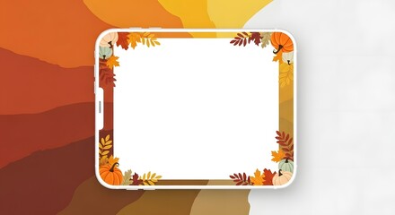 Autumnal frame with pumpkins and leaves on a tablet screen - thanksgiving frame