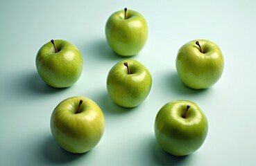 Six green apples sit on light blue surface. Five look uniform one displays unusual shape. Image conveys uniqueness standing out from conformity represents individuality, embracing differences.