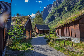 Viking huts in a viking village in Gudvangen, Norway