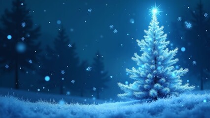 A magical winter scene with a glowing blue Christmas tree surrounded by snowflakes