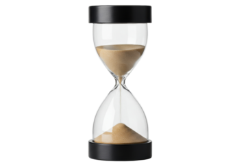 Hourglass with sand inside isolated, time measurement tool with black caps and transparent glass for countdown and productivity