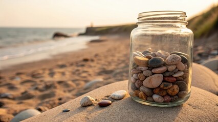 Jar filled with colorful pebbles on sandy beach near the ocean