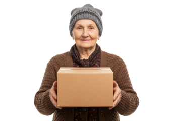 Smiling elderly woman holding a cardboard box isolated PNG, senior lady with package for delivery or gift on transparent background