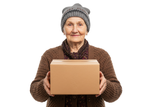 Smiling elderly woman holding a cardboard box isolated PNG, senior lady with package for delivery or gift on transparent background - Powered by Adobe