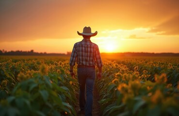 Fototapeta premium Farmer walks through green crop field at sunset. Man wears cowboy hat, plaid shirt. Golden sun shines over agriculture land. Hope, harvest, nature blend in rural farm life. Scenic view of sun rays at