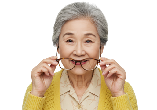 Smiling Asian senior woman holding eyeglasses isolated PNG, cheerful mature lady with gray hair on transparent background - Powered by Adobe
